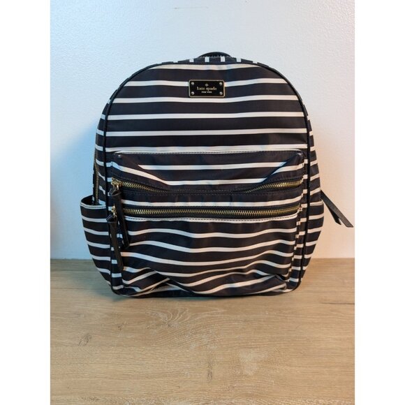 Kate Spade NY Wilson Road Bradley Black White French Stripe Backpack Purse 14" - Picture 1 of 8